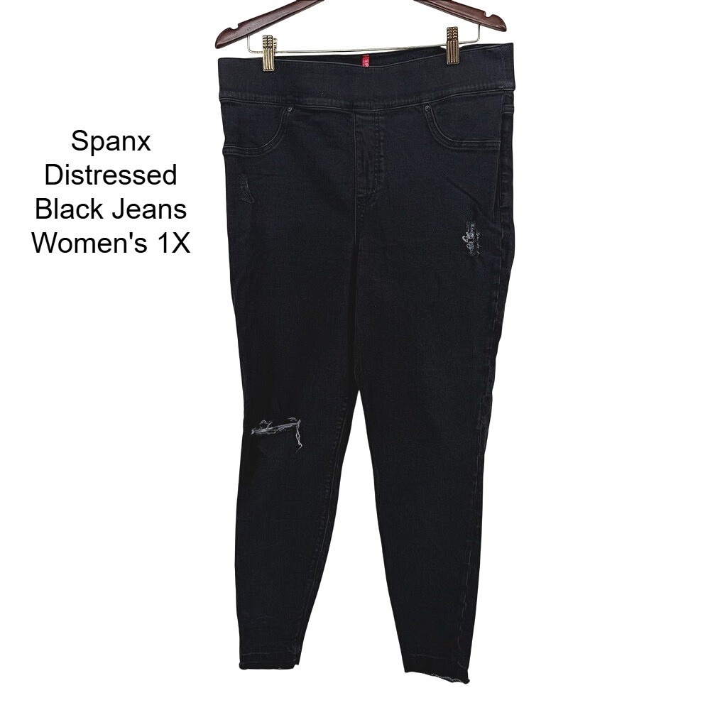Spanx Distressed Black Jeans Womens‎ 1X High Rise Skinny Pull On Raw Hem Denim